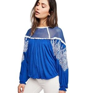 Free People Blue Embroidered Peasant Top
